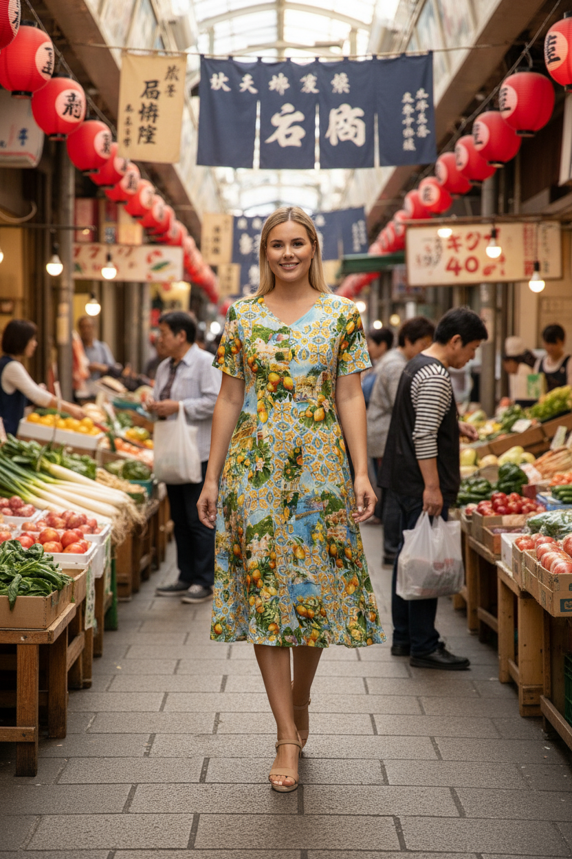 Woman wearing Amalfi Dress Godet Short Sleeve in vibrant print, walking through a lively market with fresh produce.