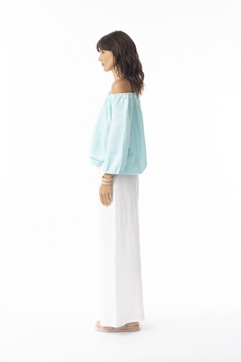 Linen Solid Top Gather Neck 3/4 slv IS