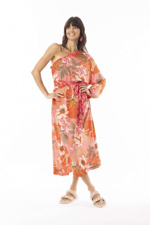 Aria Off the Shoulder Dress with vibrant floral print, single sleeve design, and flattering tie waist belt.