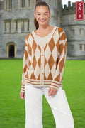 Casablanca Lurex Cardigan Sand/Dune showcased outdoors, featuring a bold Argyle pattern and stylish button-down design.