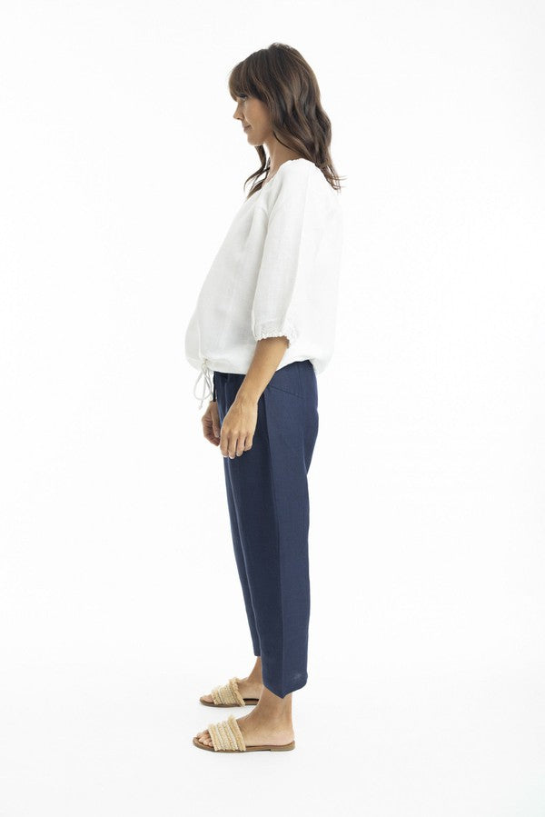 Linen 3/4 Sleeve Top with Gather Neckline white