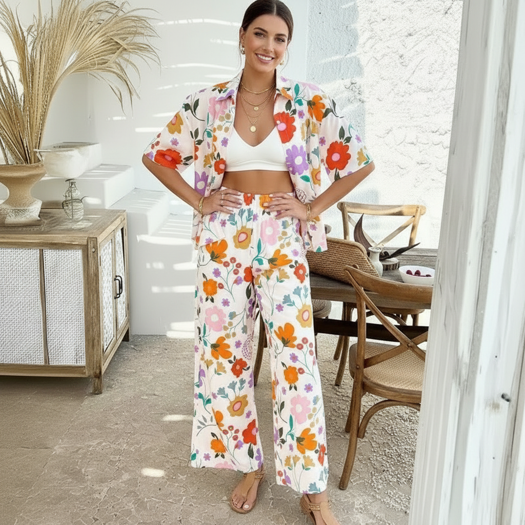 Woman wearing a stylish Flower shirt with a floral print, showing a relaxed fit and mother of pearl buttons in a bright setting.
