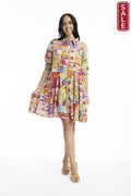 Maitra Buttonthrough dress in vibrant prints with button closure, A-line silhouette, and 3/4 sleeves for chic style.