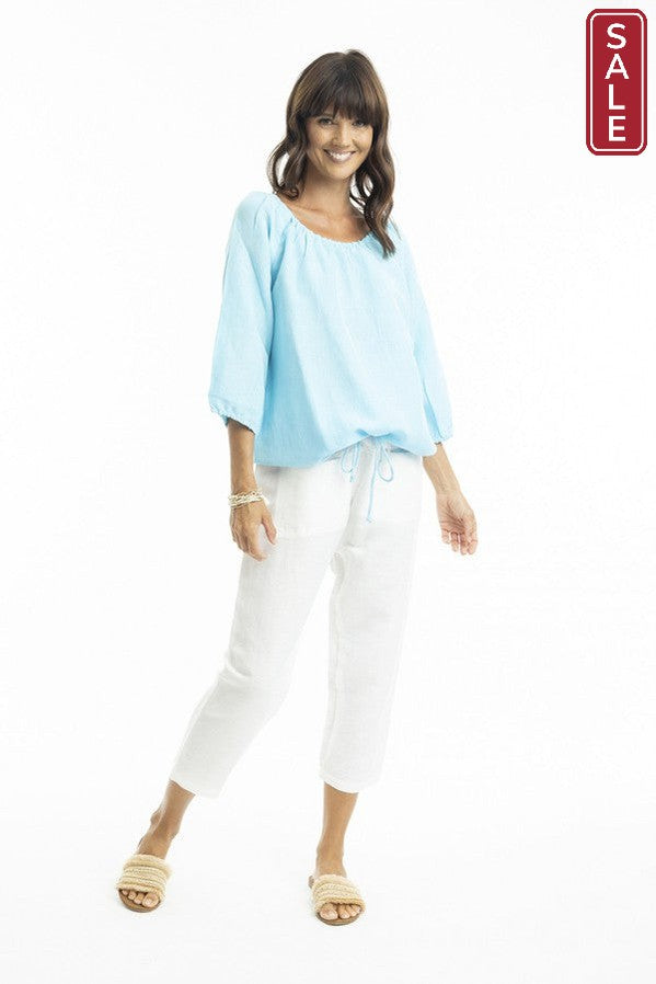 Linen 3/4 Sleeve Top with Gather Neckline sky