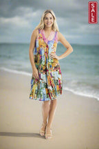 Printed Cotton Pleated V Neck Dress Havana