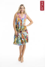 Printed Cotton Pleated V Neck Dress Havana
