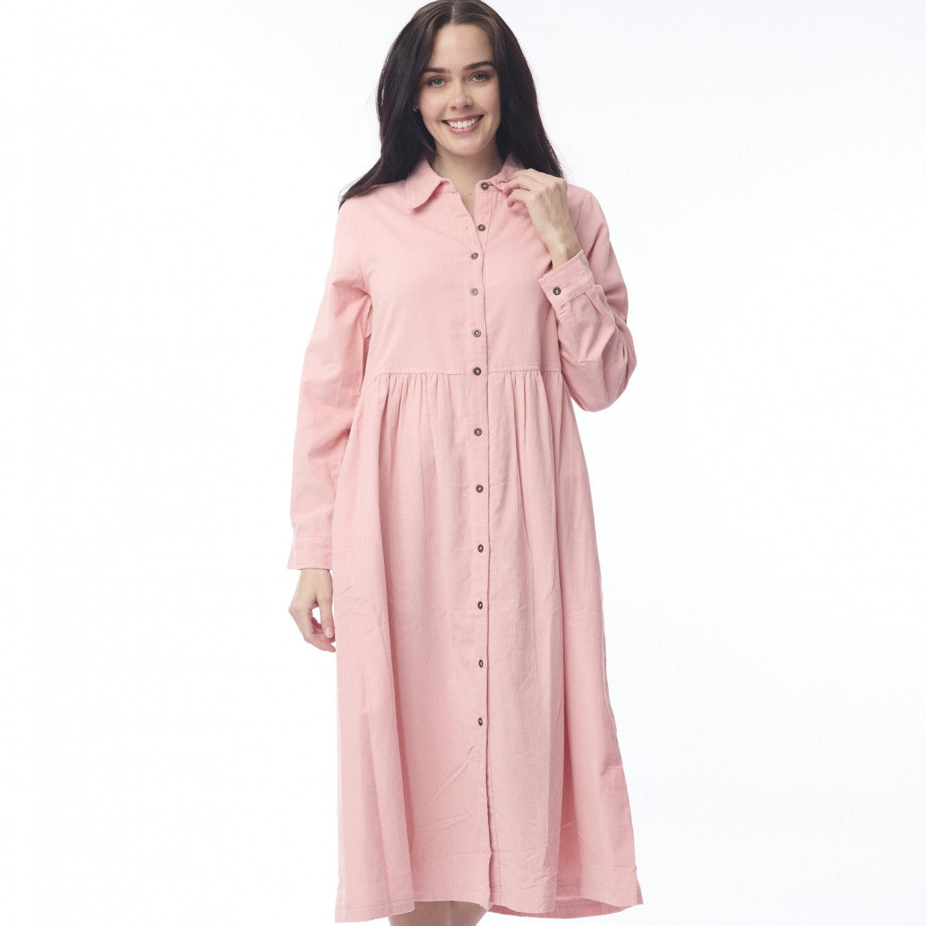 Cord Collar Buttons Dress -Blush Pink Orientique