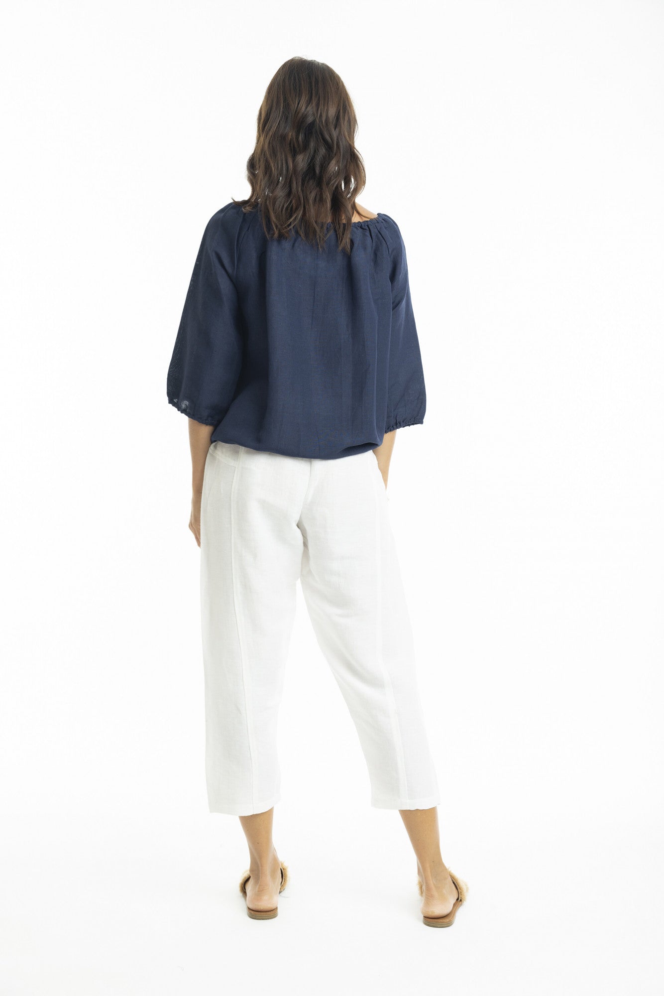 Linen 3/4 Sleeve Top with Gather Neckline Navy