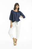 Linen 3/4 Sleeve Top with Gather Neckline Navy