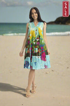 Printed Cotton Pleated V Neck Dress Carabean