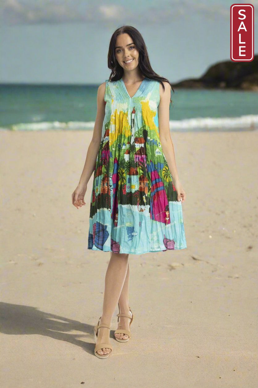 Printed Cotton Pleated V Neck Dress Carabean