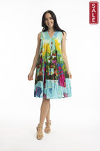 Printed Cotton Pleated V Neck Dress Carabean