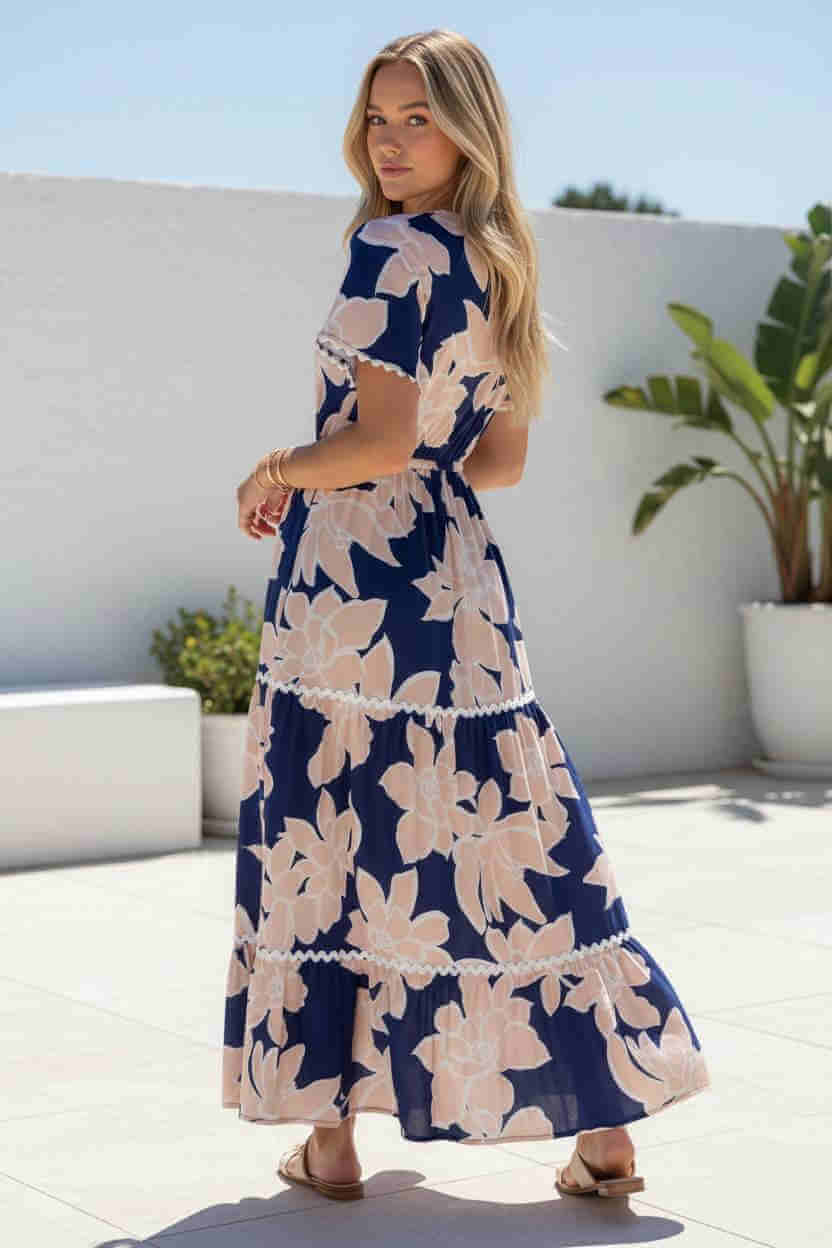 Collette Maxi Dress featuring a magnolia print in navy, with a tiered skirt and vintage-inspired ric rac trim.