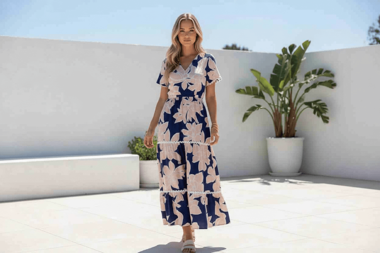 Model wearing Collette Maxi Dress with magnolia print on navy, featuring pockets and a V-neckline.