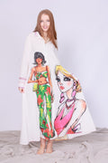 Red Heart Maxi Dress model wearing a stylish oversized shirt dress with playful illustrations and vibrant colors.