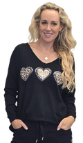 Amold 3 Heart knit featuring leopard print heart details on a stylish black V neck sweater.