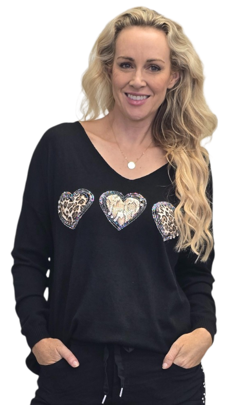 Amold 3 Heart knit featuring leopard print heart details on a stylish black V neck sweater.