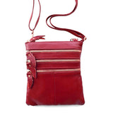 Stylish Multi Pocket Leather Bag in vibrant red with multiple zippered pockets for organization.
