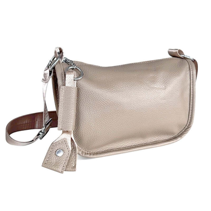 Kate Leather Bag in elegant beige with adjustable strap and silver tone metal hardware.