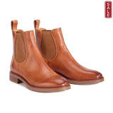 EOS Blaik Chelsea Boot in rich tan leather with double elastic gusset and pull tab, perfect for any occasion.