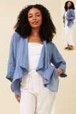 Ziggy Linen Cardigan featuring a lightweight design, open waterfall front, and mesh detailing for a stylish summer look.