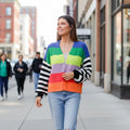 Sandra Striped Cardigan in vibrant colors, featuring stripes and an edge-to-edge design, perfect for cozy style.