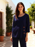 Linen Blend Top - Gianna Round Neck Elbow Sleeve Top in navy, featuring stylish button details and a relaxed fit.