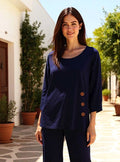 Linen Blend Top - Gianna Round Neck Elbow Sleeve Top in navy, featuring stylish button details and a relaxed fit.