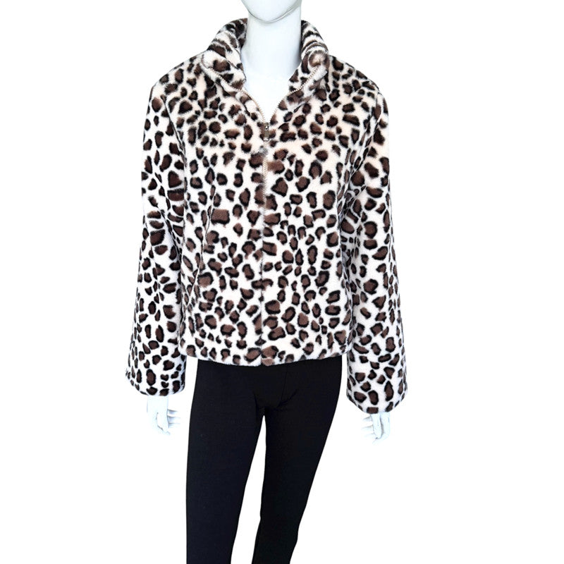 Fashionable Animal Faux Fur Jacket featuring plush leopard print and cozy design for cool weather.