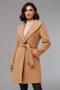 Shawl Collar Coat Camel with a cozy belt and pockets, perfect for warming hands and adventures!