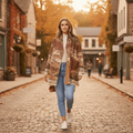 Woman wearing Francisco Coat Brown while walking on a cobblestone street with autumn scenery.