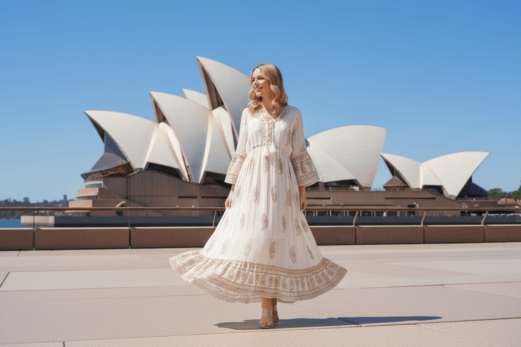 Ketia Tiered Dress worn by a woman in front of the Sydney Opera House, showcasing its elegant design and flowing skirt.