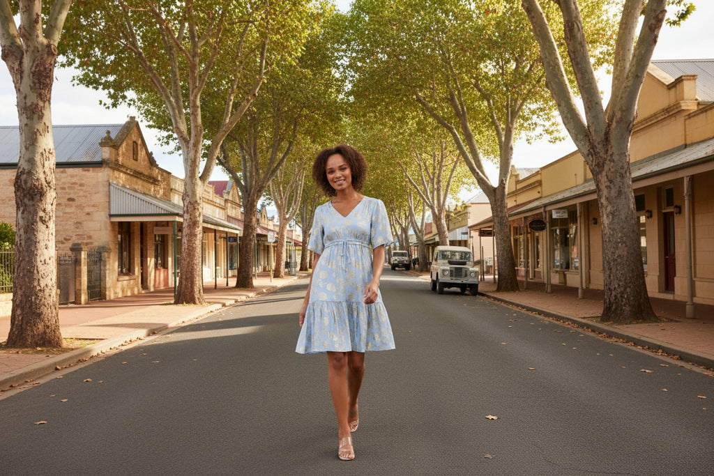 Model walking down the street in a Gold Foil Dress, showcasing its elegance and summer style.