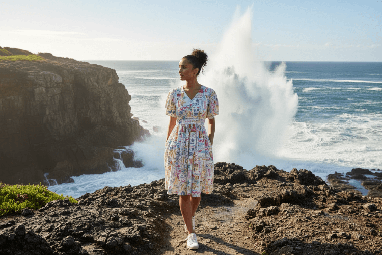 Model wearing the La Dolce Vita Dress standing near the ocean, showcasing summer vibes and vibrant style.