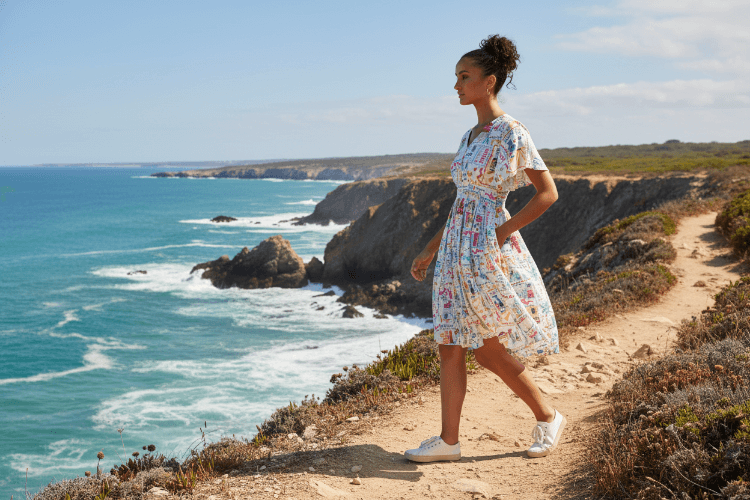 Woman wearing La Dolce Vita Dress walking along a coastal path with the ocean in the background.