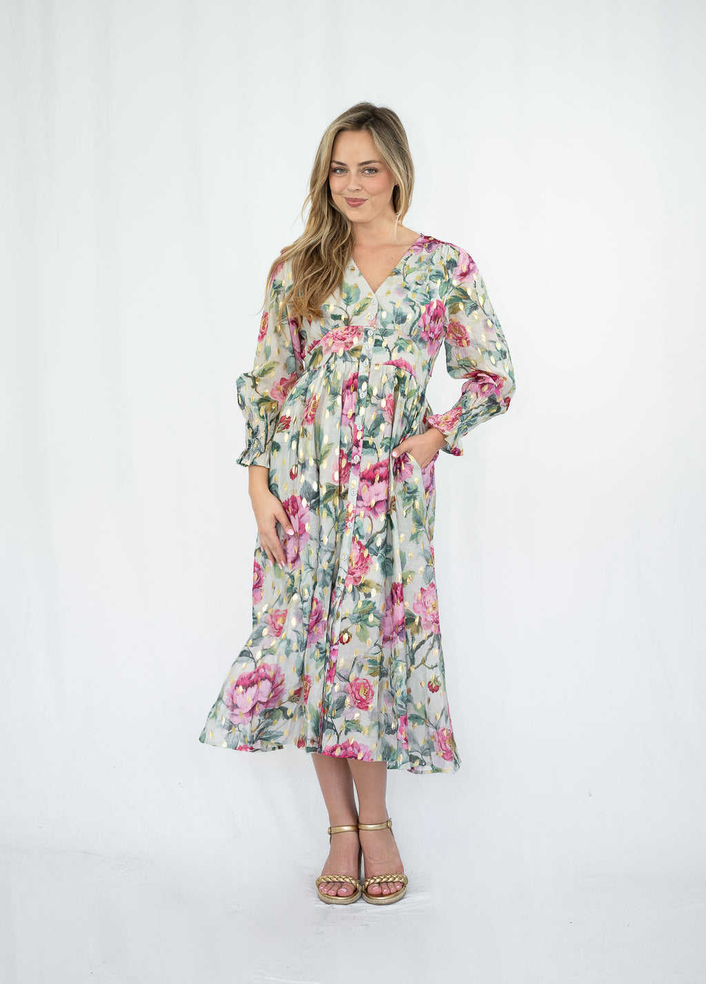 Gold foil Rose Print Midi Dress Pink so in stlye