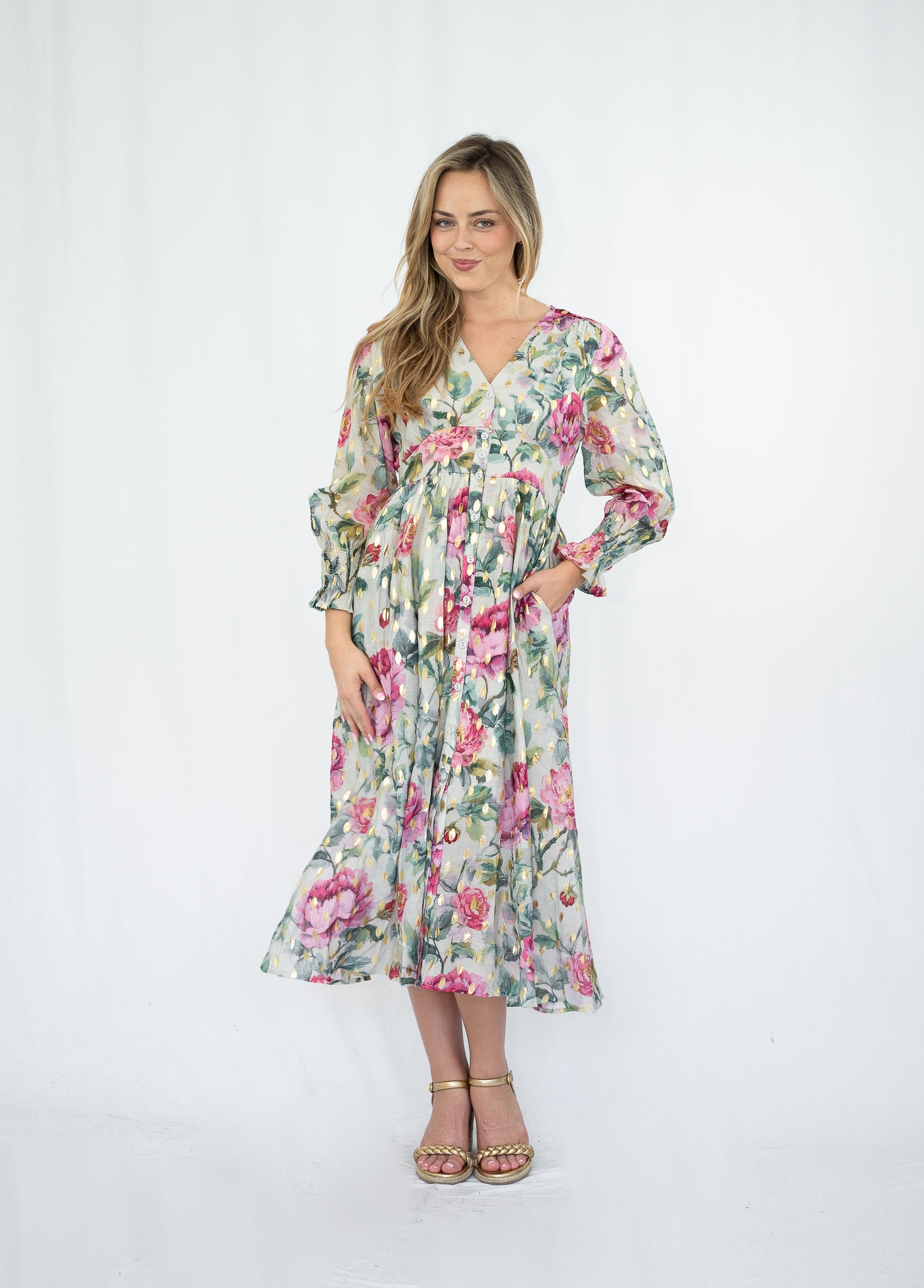 Gold foil Rose Print Midi Dress Pink so in stlye