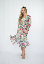 Gold foil Rose Print Midi Dress Pink so in stlye