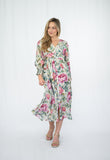 Gold foil Rose Print Midi Dress Pink so in stlye
