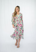 Gold foil Rose Print Midi Dress Pink so in stlye