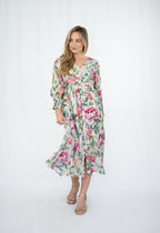 Gold foil Rose Print Midi Dress Pink so in stlye