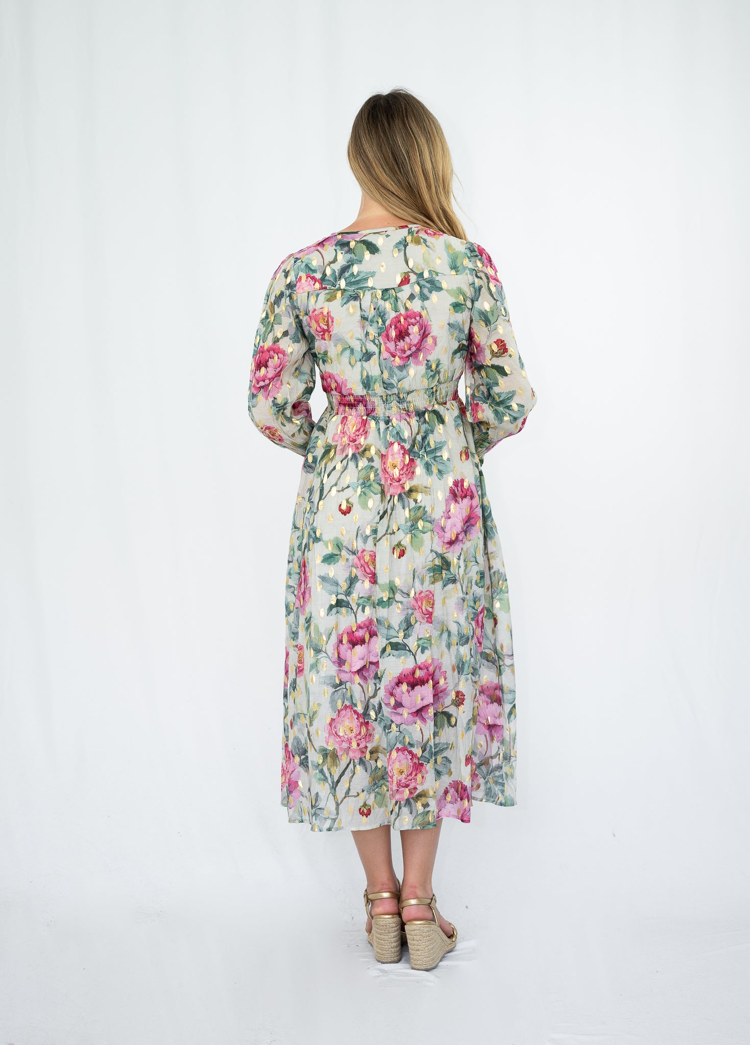 Gold foil Rose Print Midi Dress Pink so in stlye