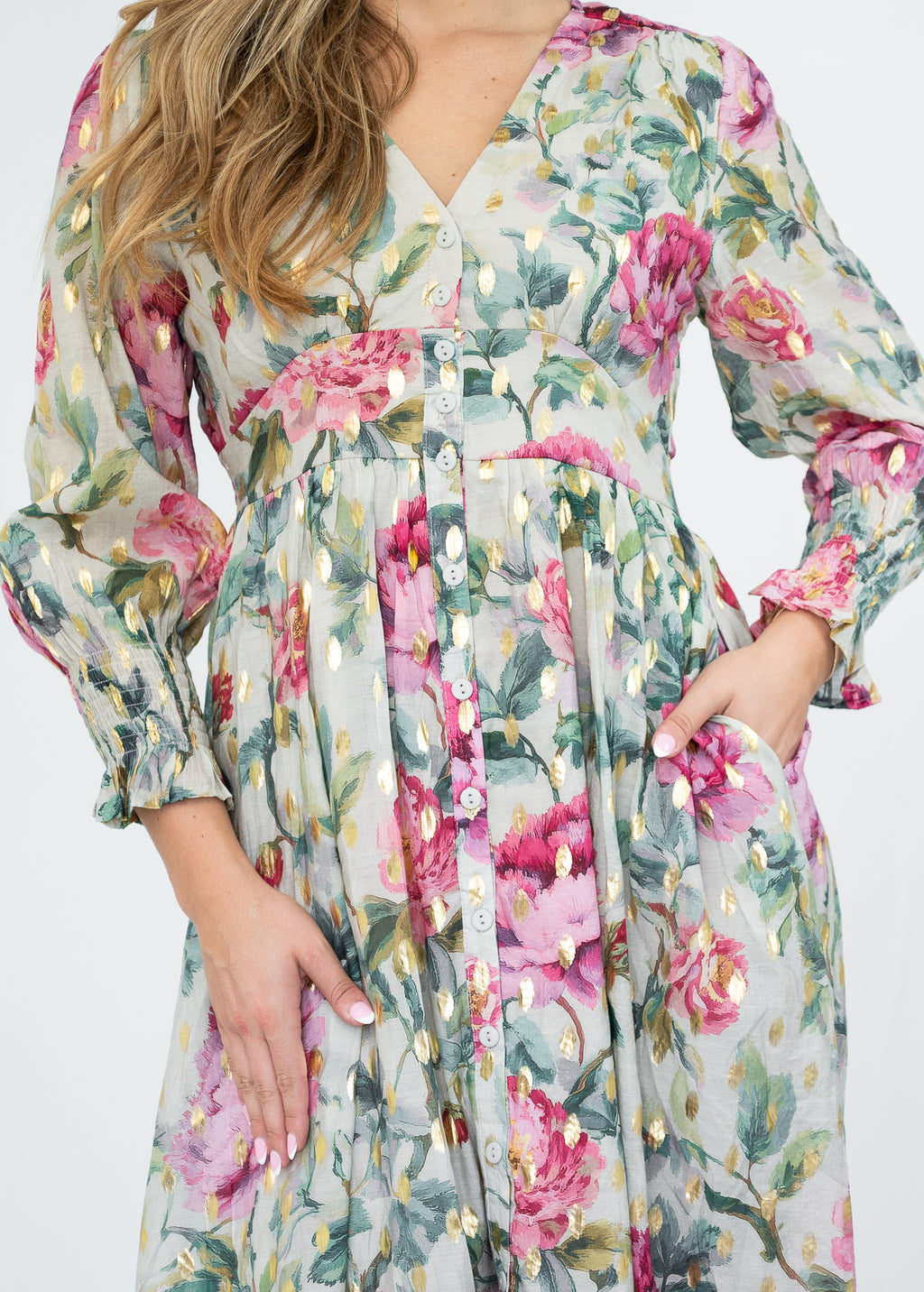 Gold foil Rose Print Midi Dress Pink so in stlye