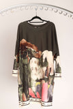 Blancha Long sleeve dress featuring vibrant artwork on a soft velvet fabric, perfect for versatile styling.