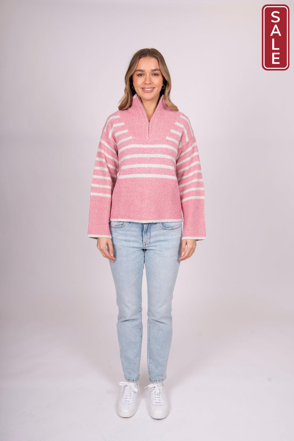 Bella Striped Zip pullover pink/white