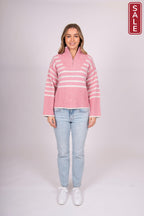 Bella Striped Zip pullover pink/white