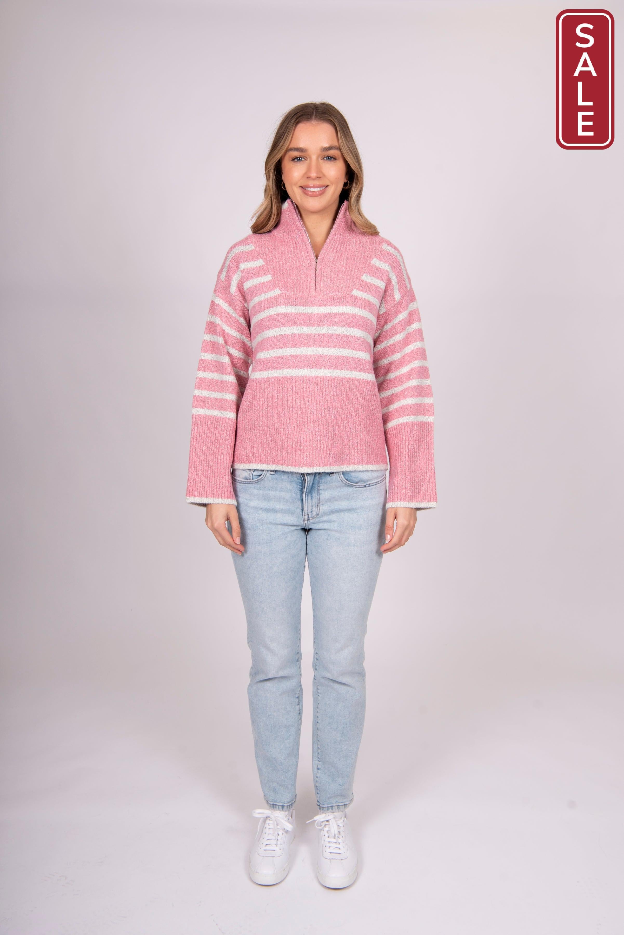 Bella Striped Zip pullover pink/white