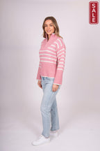 Bella Striped Zip pullover pink/white