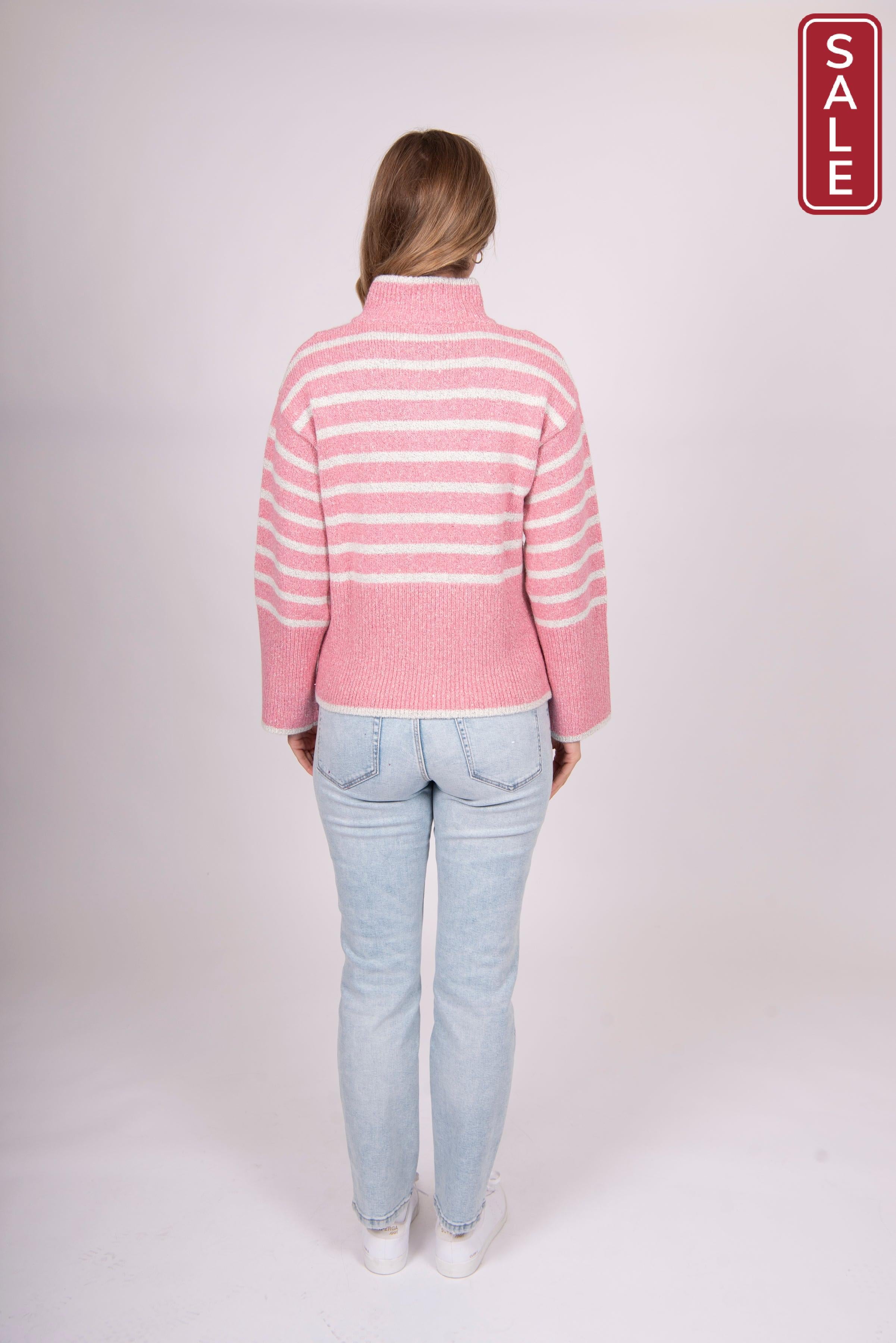Bella Striped Zip pullover pink/white