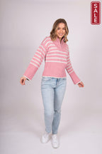 Bella Striped Zip pullover pink/white